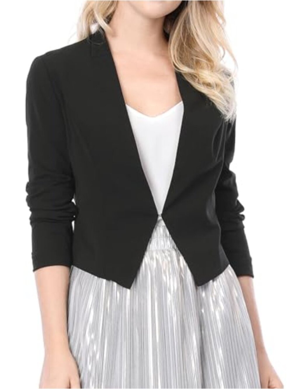 Womens Collarless Cropped Blazer Business Casual Open Front Suit Jacket